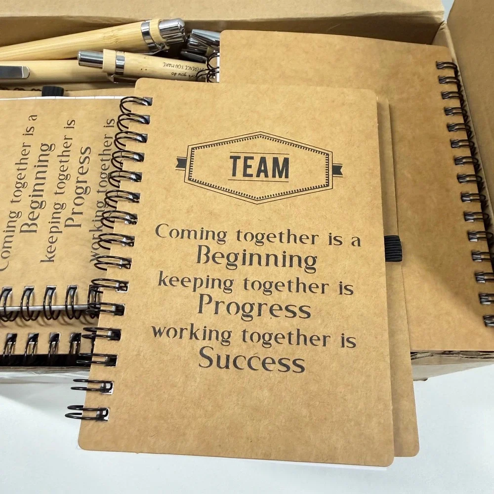 30-Pack Team Motivational Spiral Notebook & Bamboo Pen Set, Kraft Lined Journals